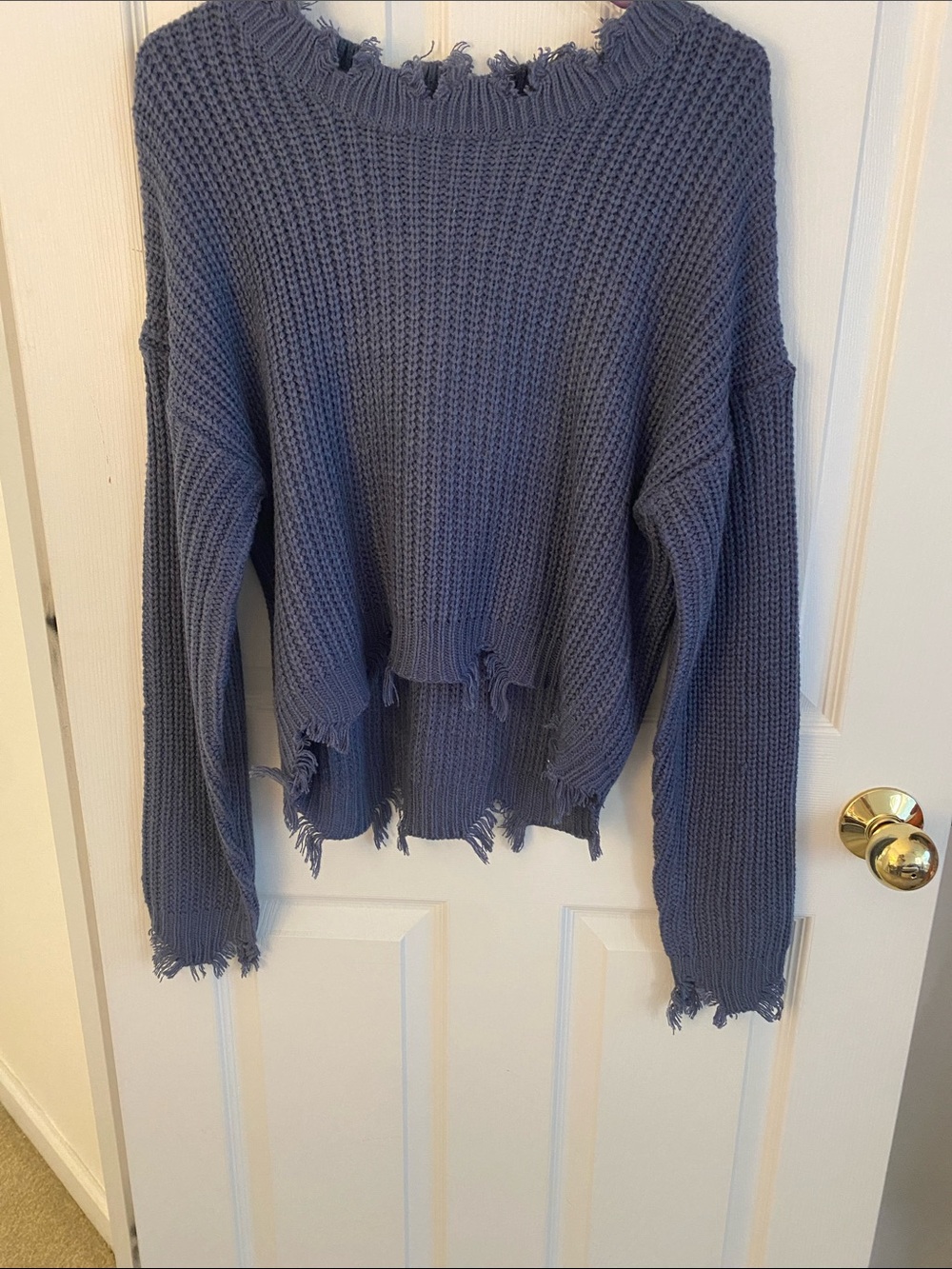 Frayed Cropped Crewneck Sweater in Slate Blue